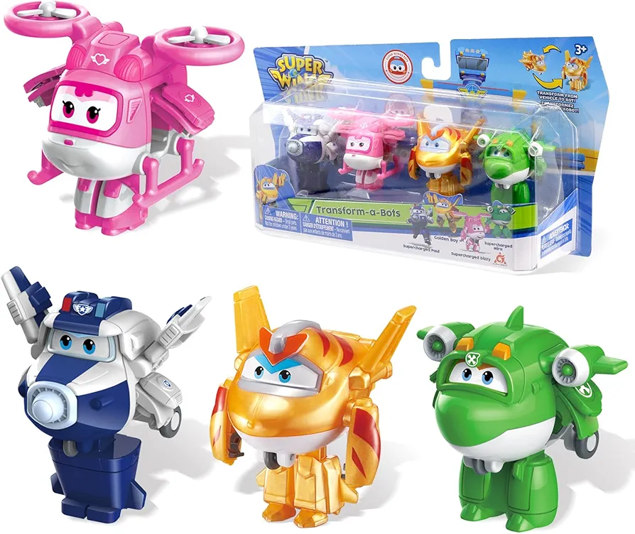 Super Wings 2" Transform-a-Bot 4-Pack, Supercharged Paul, Dizzy, Golden Boy, Mira, Airplane Toys Mini Action Figures, Preschool Toys for 3 4 5 Year Old Kids, Transformer Toys Birthday Gifts for Kids