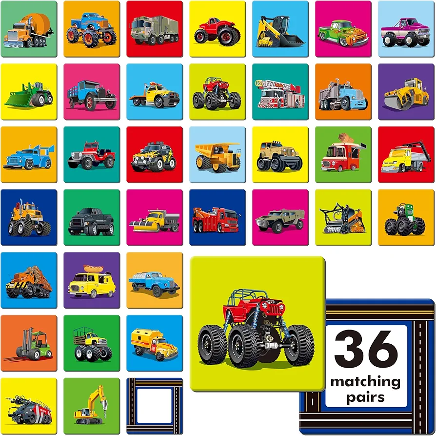 Hebayy Truck Matching Game, 72 PCS Traffic Memory Matching Cards for Toddlers 36 Pairs Transportation Memory Cards Educational Toys for Preschool Boys & Girls 4 5 6 Years Old