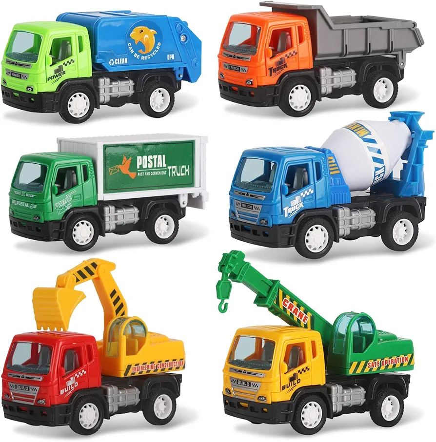 Liberty Imports 6 Pack Pullback City Builder Toy Construction Play Vehicles for Kids - Dump Truck, Cement Mixer, Garbage Truck, Excavator, Crane, Postal Truck