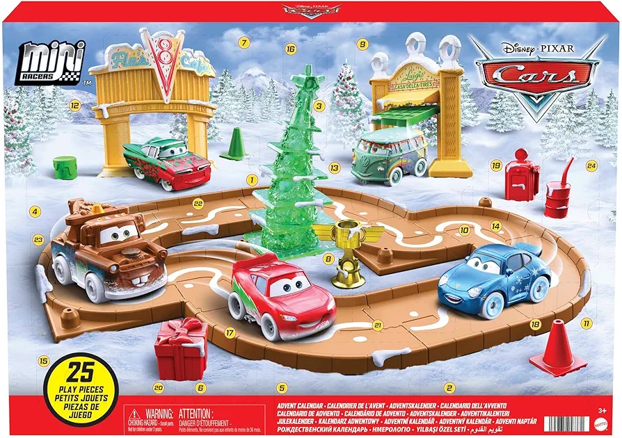 ​Disney and Pixar Cars Toys Mini Racers Advent Calendar with 5 Toy Cars, Track Pieces and Mini-Toy Accessories 25 Surprises Holiday Gifts for Kids