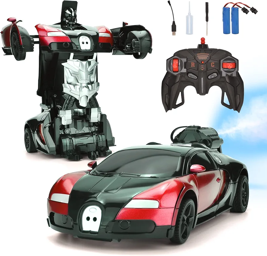 Transform Remote Control Car for Kids, RC Robot Toy with Exhaust Spray, Rechargeable Car Toy with LED Light, One-Button Deformation, 360°Rotating for Boy 5 6 7 8 Years Old (Red)