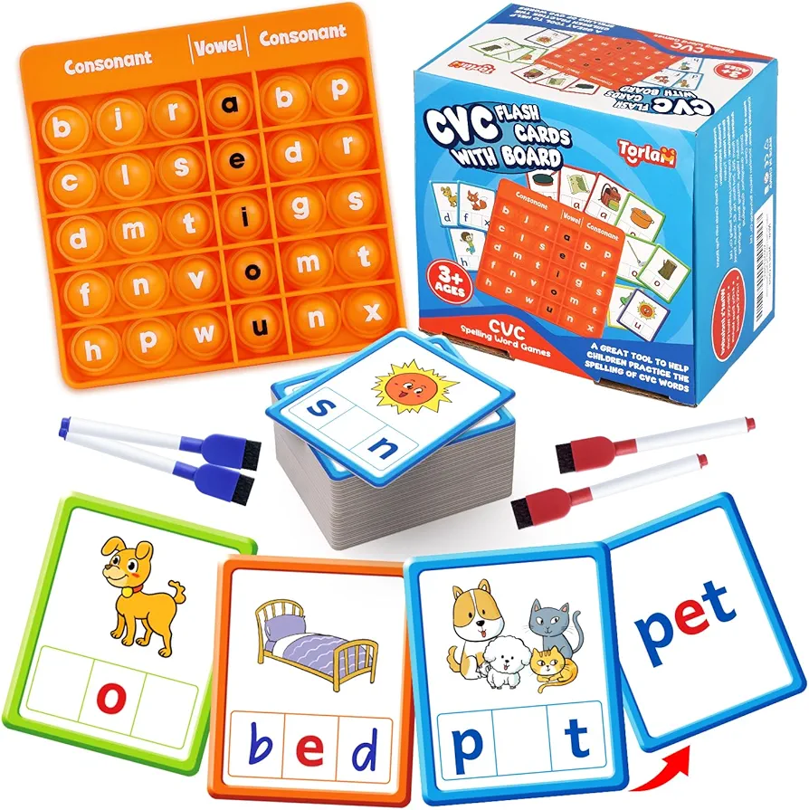 CVC Word games Phonics Games Sight Words Flash Cards, Spelling Reading Learning Flashcards, Speech Therapy Toy Preschool Kindergarten Classroom Learning Activities Must Have Homeschool Supplies