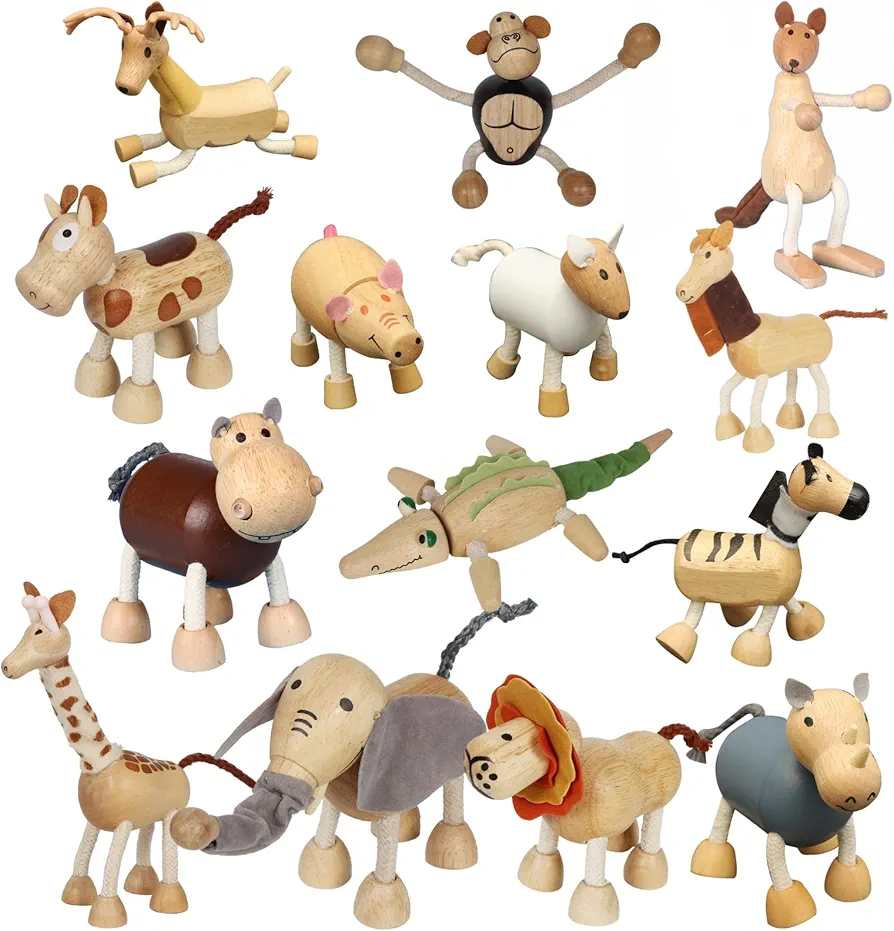 14 Pack Bendable Wooden Animal Figurines Toys, Smooth Natural Wood Zoo Farm Jungle Safari Animals Figures Toys, Preschool Learning & Education Toys for Toddlers Kids