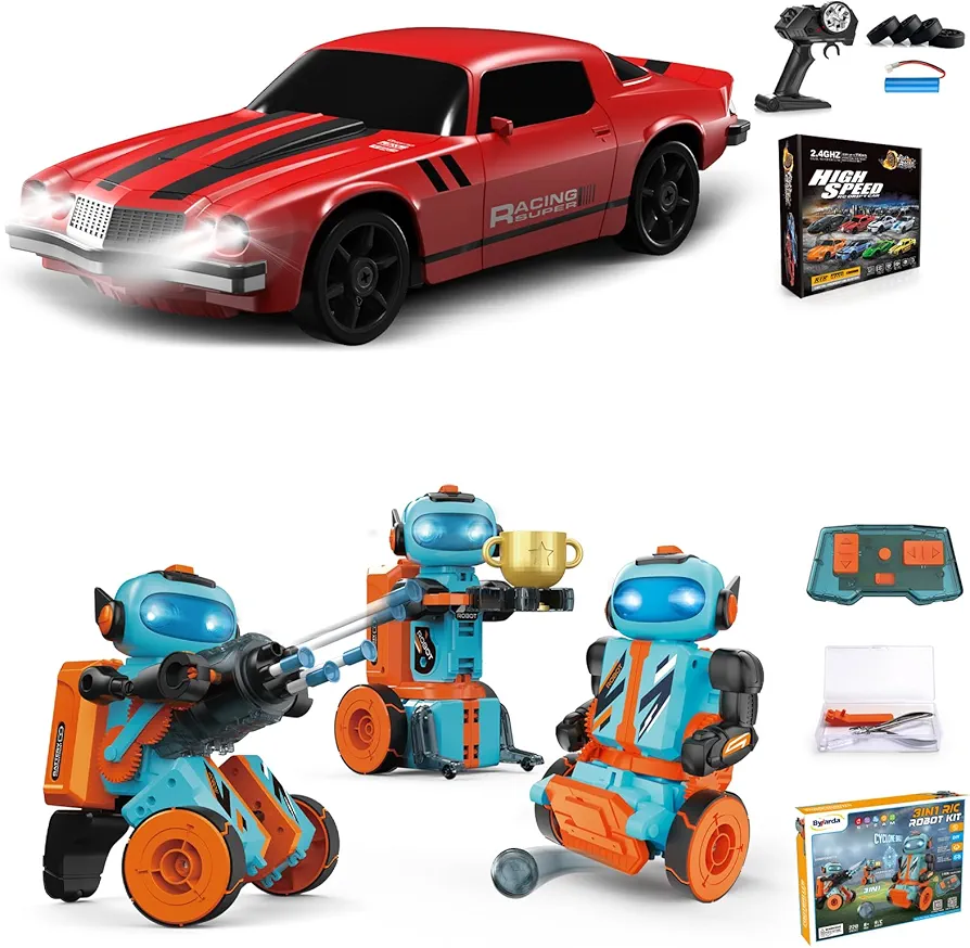 2 PCS RC Drift Car and STEM Robot Building Kit 1:24 Remote Control Car and 3-in-1 Remote Control Robot Educational Set for Kids Boys Girls Adults Gifts Birthday Christmas Rechargeable Batteries