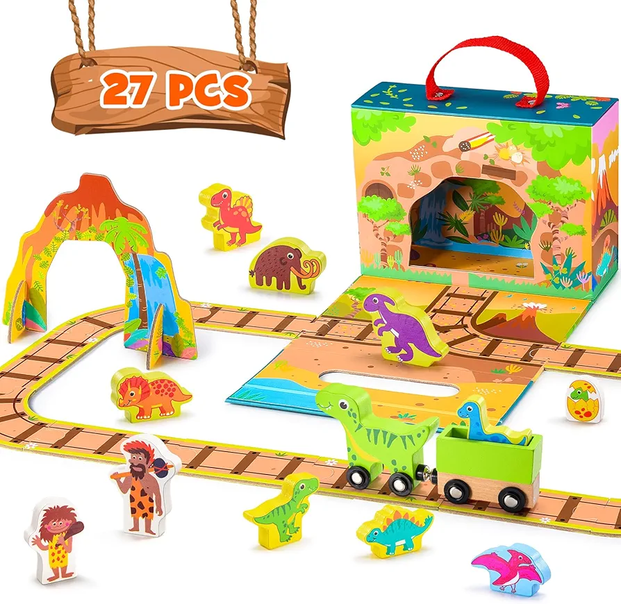 27 PCS Dinosaur Toys for Kids 3-5: STRAWBETTER Dinosaur Car Track Puzzles Wooden Figures Playset Montessori Learning Toy for 3 4 5 6 Year Old Kid Birthday Gifts for Boys Girls Ages 3+