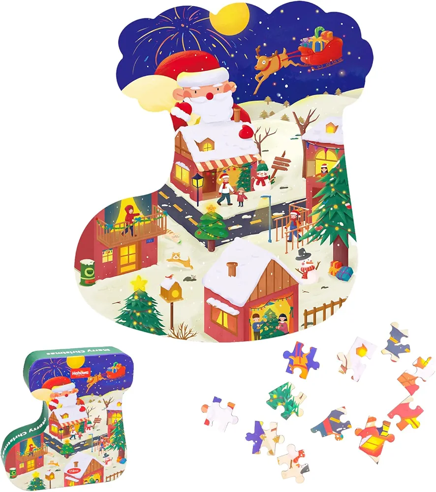 Chifafortoo 112 Piece Christmas Theme Jigsaw Puzzle for Kids 4-10, Stocking Shaped Santa Preschool Learning Educational Puzzles Toys for Toddler Children (16.4 X 17.8In)