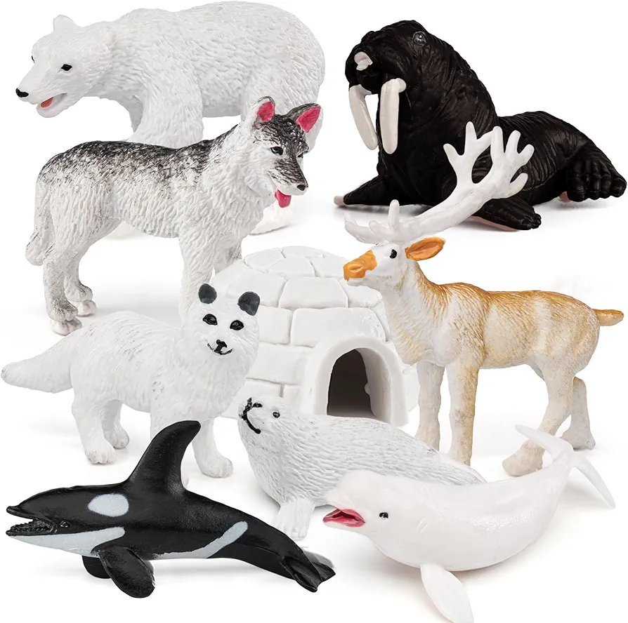 10PCS Mini Arctic Animals Toys Set Polar Animal Figurines Arctic Tundra Deer Toy Animal Small White Bear Arctic Fox Kids Diorama Birthday Gift