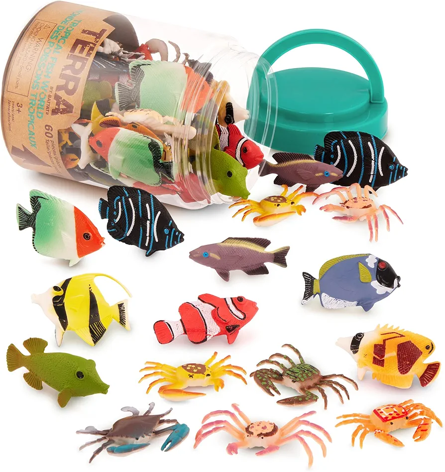 Terra by Battat – Toy Tropical Fish & Crabs – 60 Mini Figures in 12 Realistic Designs – Tropical Sea Animals in Storage Tube – Realistic Figurines for Sensory Bin – Tropical Fish World – 3 Years +