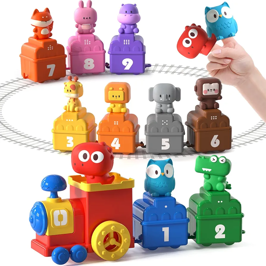 Toddler Toys, Train Montessori Learning Toys for 1 2 3 Year Old, Animal Color Sorting Number Matching Counting Finger Puppets Educational Toys, Preschool Interactive Toys Gift for Boy Girl