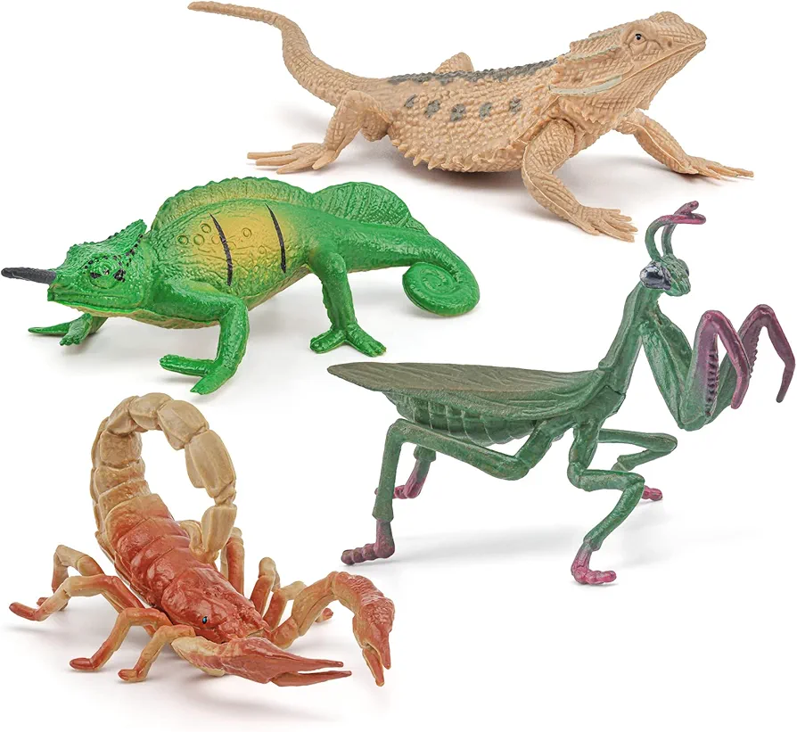 Wildlife Animal Insect Figures Model Playsets 4 PCS Mini Mantis Lizard Scorpion Chameleon Figure Model Toy Desktop Decoration Collection Party Favors Toys for Boys Girls Kids