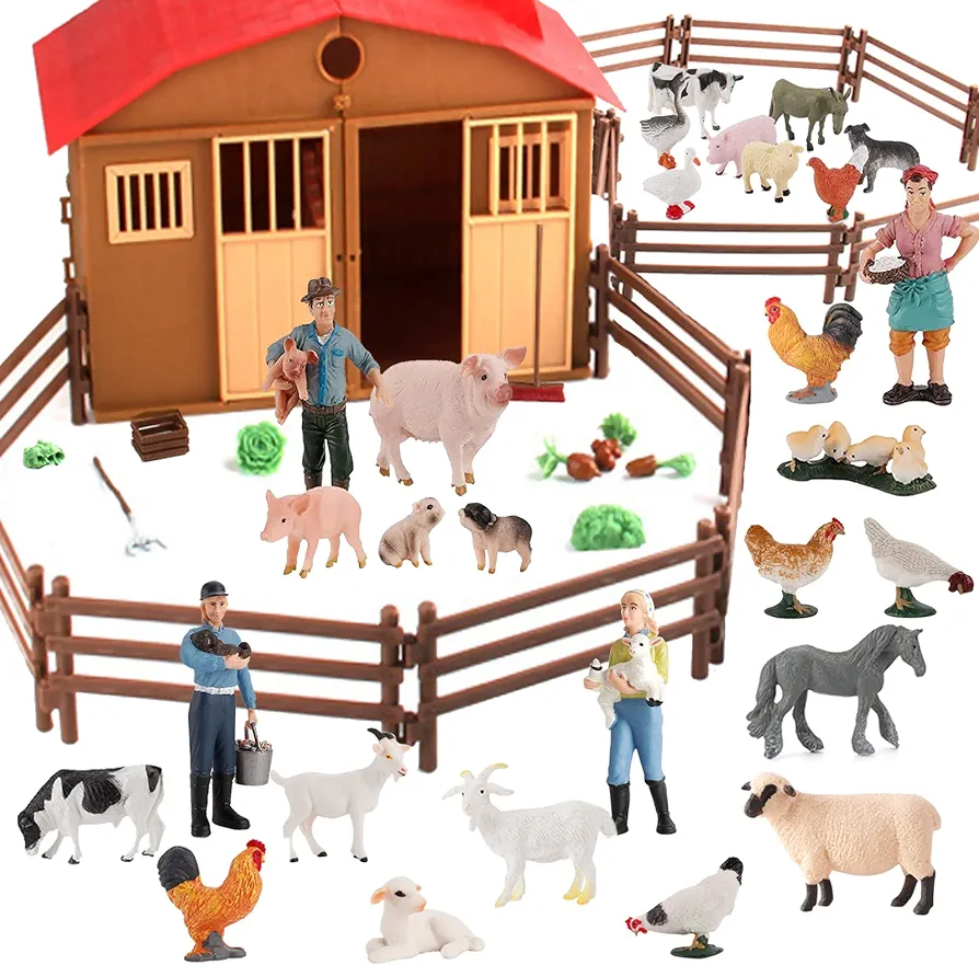 60 Pcs Farm Animals Figurines Toys with Barn House Fence, Farm Figures Set Country World Farmhouses, Farmers Sheeps Pigs and Fodders Hen Figurine Playset, Educational Toys Christmas Birthday Gifts