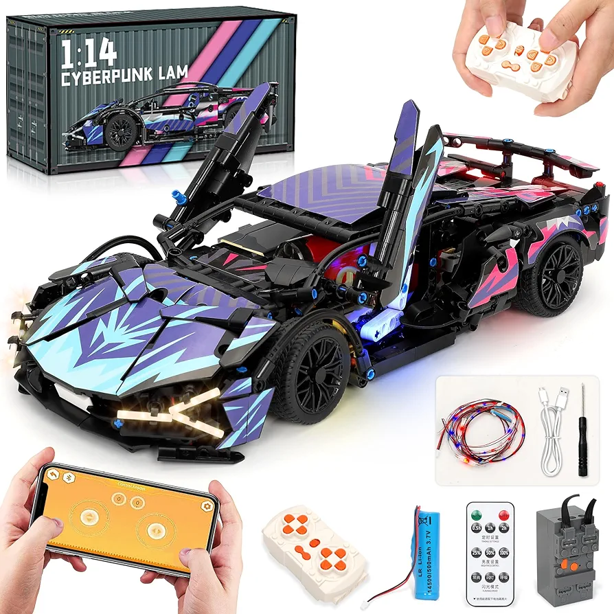 Cyberpunk Race Car Building Block Sets for Adults Kids - 2 in 1 Remote Control APP Race Car with LED Lights, Super Racing Cars Collectible 1:14 Model Engineering Toy Birthday Gifts-(1314 PCS)