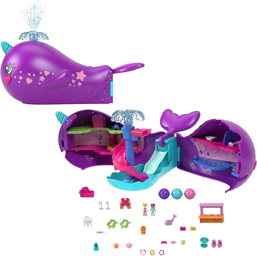 Polly Pocket Toy Boat Playset with 2 Dolls, Surprise Accessories & Water Play, Sparkle Cove Adventure Narwhal Boat