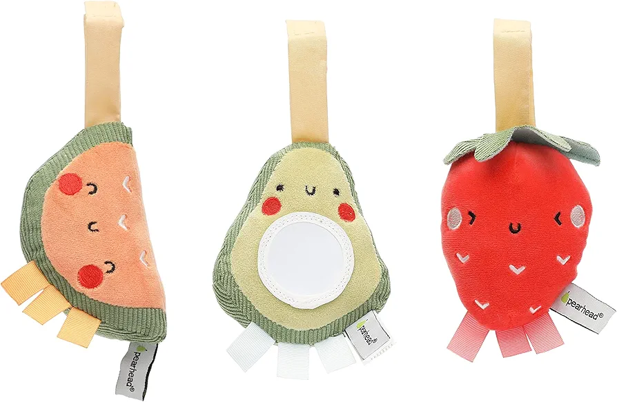 Pearhead Fruit Stroller Toys, Plush Interactive Toy Set for Baby Car Seat with Hanging Mirror, Gender-Neutral Travel Accessories, Strawberry Avocado Watermelon, Set of 3