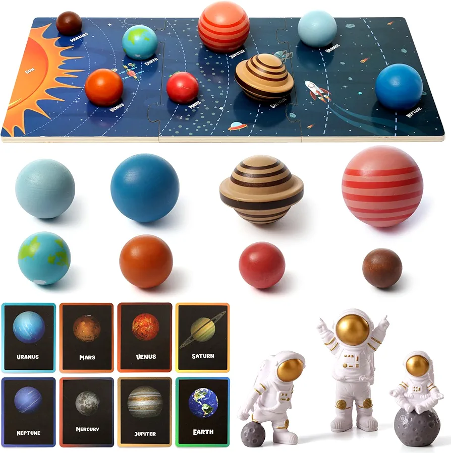 Wooden Solar System Model Board，Kids Solar System with Astronauts ，Montessori Planet Toys,Educational Planets Balls,Preschool Learning Puzzle，Space Knowledge Flash Cards Learning Toys for Kids