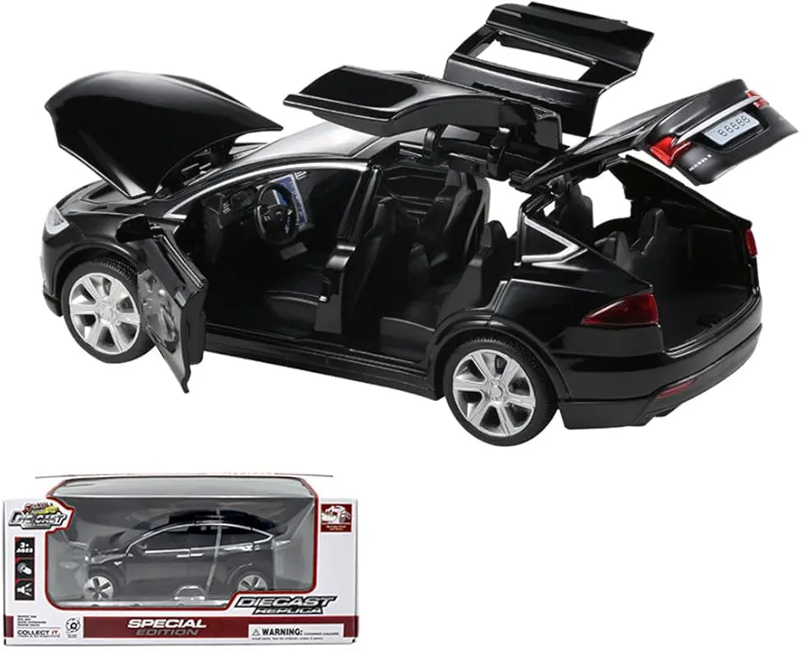 1:32 Model X Alloy Diecast Pull Back Toy Car with Open Doors, Lights and Music, Mini Vehicles Toys for Kids & Collectors (Black)