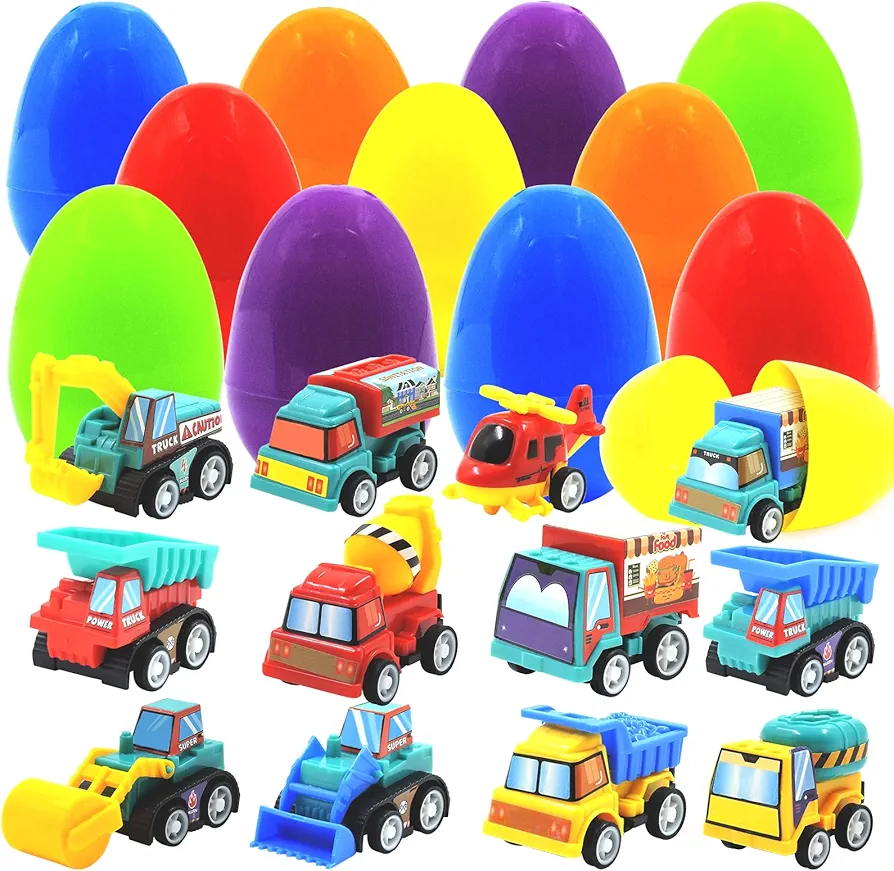 Easter Basket Stuffers, 12 PCS Easter Egg Fillers with Pull Back Car, Prefilled Easter Toys Gifts for 3-8 Year Old Boys Girls Kids Toddlers, Party Favors Classroom Prize Supplies