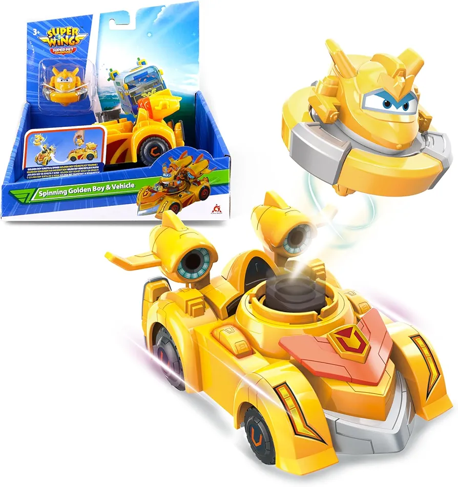 Super Wings Spinning Tops & Cars, 2-in-1 Mode Vehicle Transformer Toys, 5" Golden Boy Battling Tops Gaming Top Toys,Race Car Toys for Kids 3+, Best Gifts for Boys and Girls,Yellow