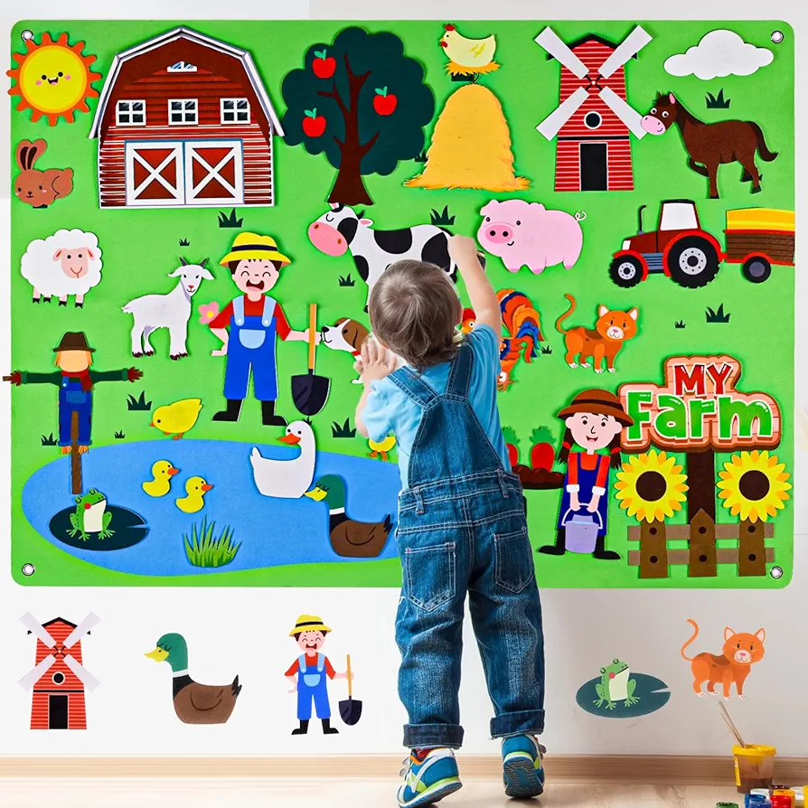 Farm Animals Felt Story Board Set 40Pcs Preschool Farmhouse Themed Storytelling Flannel Barnyard Early Learning Interactive Play Kit Wall Hanging Gift for Toddlers Kids