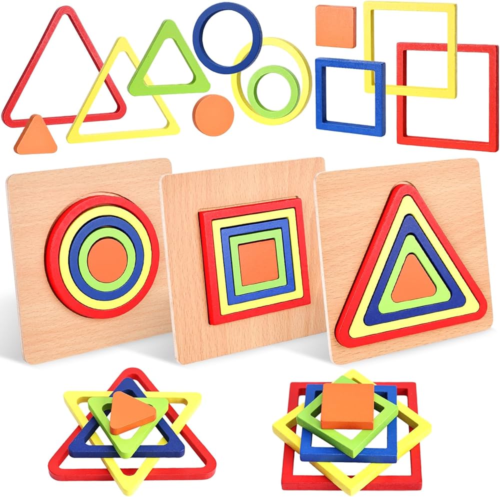 LovesTown 3 Sets Wooden Shape Sorting Puzzles，Montessori Puzzles Toddler Preschool Wooden Sensory Toys for Toddlers