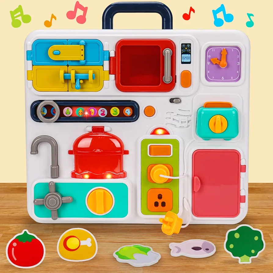 Kitchen Busy Board for Toddlers 1-3 Travel Toys Light Up Musical Baby Toy 12-18 Months Toddler Toys Age 1-2 2-4 Autism Sensory Montessori Fine Motor Skills Car Seat Toy for 1 Year Old Easter Gift