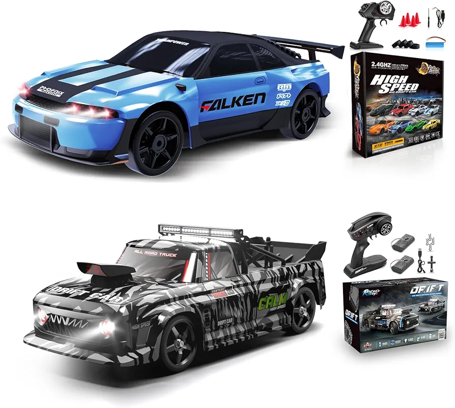 2 PCS RC Drift Car, RC Drift Car 1:24 Remote Control Car 4WD 15KM/H Remote Control Car and 1:12 Fast RC Car 2.4GHz 35KM/H High Speed Performance with Gyro Racing Car Gift for Adults Kids Boys Girls