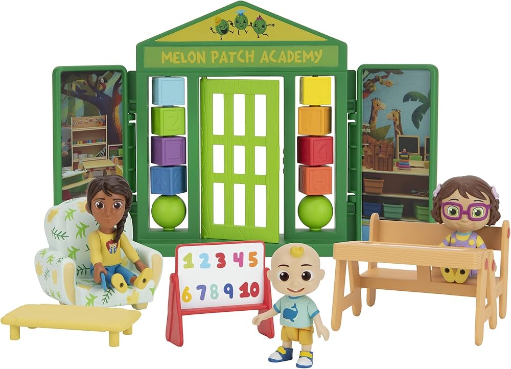 CoComelon School Time Deluxe Playtime Set - JJ, Bella, Ms. Appleberry The Teacher and 5 Accessories (Table, Cot, Armchair, Easel, Walls) - Toys for Kids, Toddlers, and Preschoolers