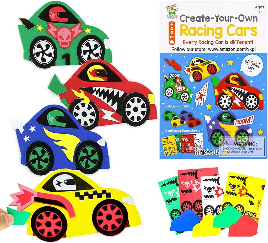 VKPI 4 Pieces EVA Foam Art Crafts Gift Kit, Creative Make Your Own Racing Cars, Cartoon Paper Craft Projects for Kids Ages 4+ Toddler, Preschool Learning Toy for Birthday Party Favor Supplies