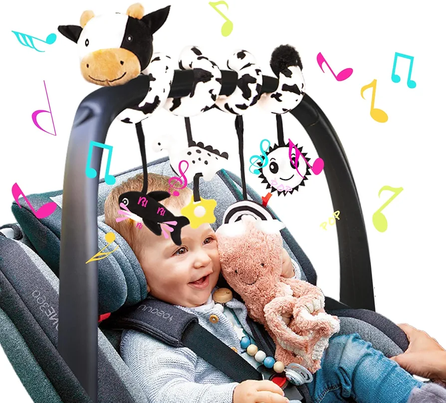 Stuffed Spiral Car Seat Toys, 0-6 Months Giraffe Stroller Activity Baby Infant Carseat Toys Hanging Including Dinosaur Rattles| Sun Mirror| Rainbow Cloud| Dolphin Bibi, Babies Gifts