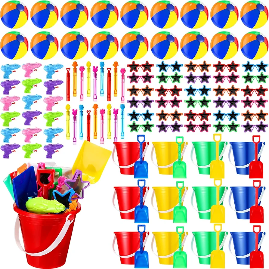 18 Set Pool Beach Party Favors End of Year Students Gift from Teacher Bulk Preschool Kindergarten Graduation Gifts Kids Sand Bucket Beach Balls Sunglasses Water Guns Bubble Wands for Summer Birthday