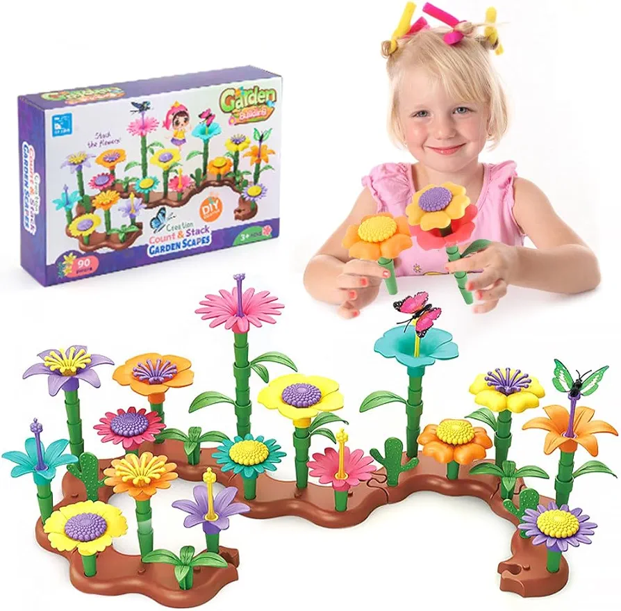 90Pcs Flower Garden Building Toys for Girls 3 4 5 6 7 Year Old, Upgrade DIY Building Stacking Toys, STEM Preschool Educational Toddler Toys Brain Development Kindergarten Kids Toy