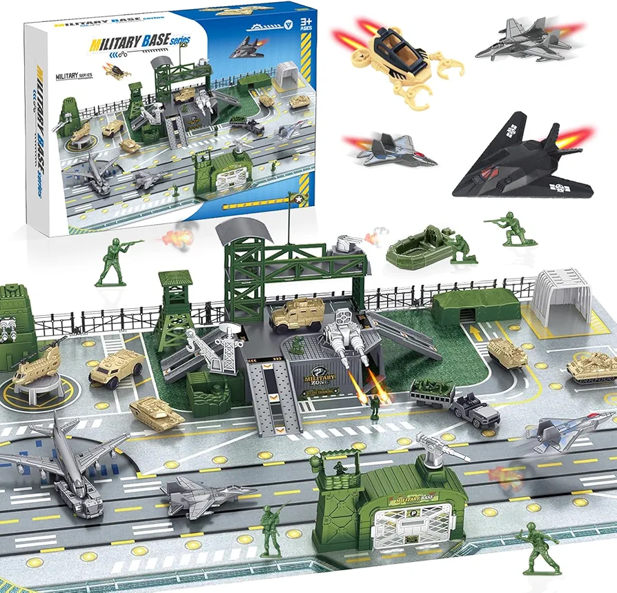 CORPER TOYS Military Base Set with Army Tank,Airplane,Fighter Jet,Mini Army Men Action Figures,Play Map with Vehicles Accessories Army Toys Playset for Kids Gift for Birthday