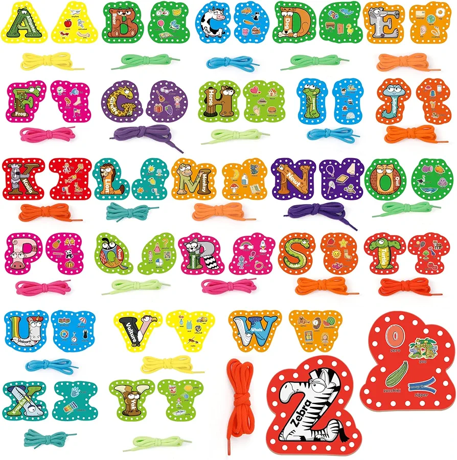 Aizweb Alphabet Lacing Cards,Sewing Threading Cards Lacing Toys for Toddler Arts Crafts,Letter ABC Learning Games Fine Motor Skills Educational Travel Preschool Kindergarten Quiet Time Activities