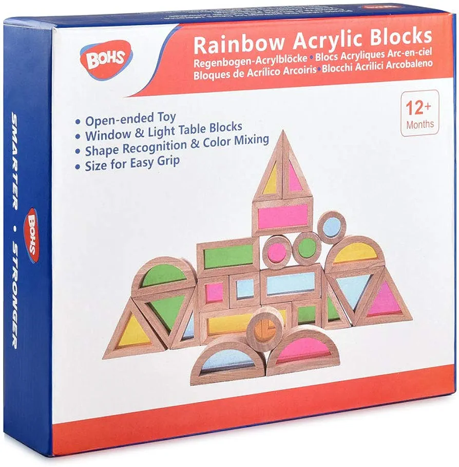 BOHS Rainbow Sensory Blocks (24 pcs) - Wooden Toys for Toddler Gift- Play on Light Table/Sunny Window