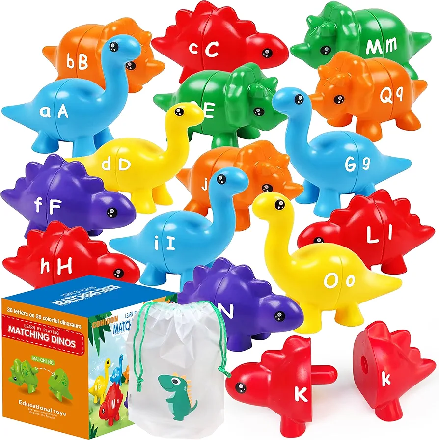 Matching Letters Fine Motor Toys, 26PCS Montessori Dinosaur Toys for 2-6 Years Old Boys Girls, Double-Sided ABC Toys for Kids Ages 3 4 5, Preschool Learning Activities for Toddlers