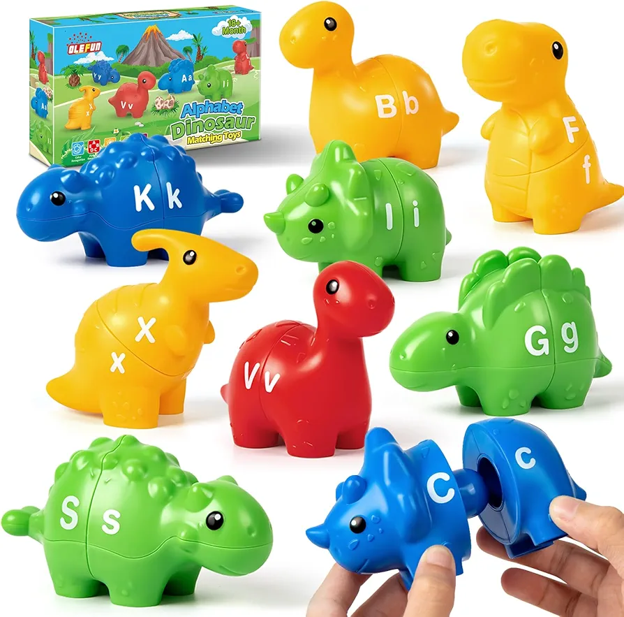 Dinosaur Alphabet Learning Toy for Toddler Age 1, 2, 3 Year Old, 26 PCS Double-Sided ABC Dinosaur Matching Game, Montessori Preschool Educational Toy for Boys & Girls 18+ Months