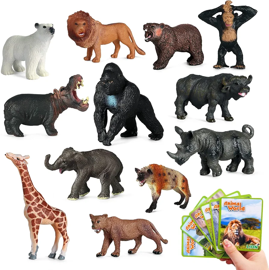 SIENON 12pcs Safari Animals Figure Toys with Flash Cards, 3.5” Realistic Wild Zoo Animals Figurines Plastic Jungle Animals with Elephant Lion Giraffe Bear Gorilla Educational Learning Playset for Kids