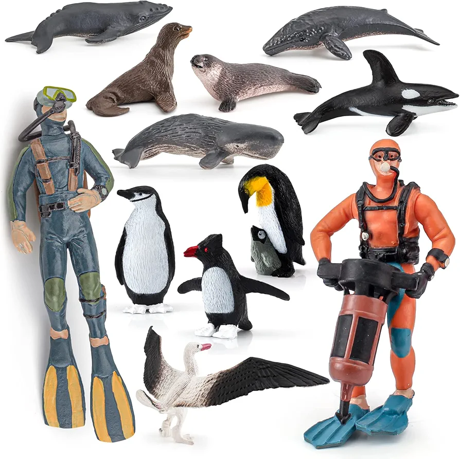 Ocean Sea Animal Figure Toys Playsets 12 PCS Diver King Penguin Blue Whale Crested Penguin Humpback Whale Model Toy Desktop Decoration Collection Party Favors Toys for Boys Girls Kids