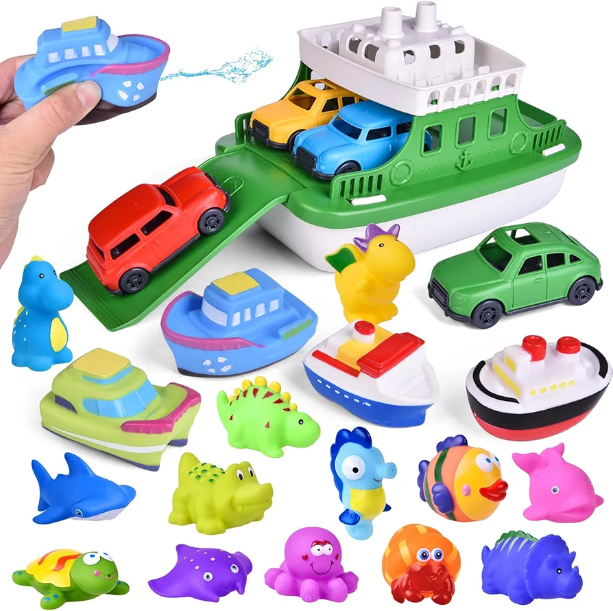 28pcs Squirters Bath Toys and Ferry Boat with 4 Mini Cars Toddlers, Sea Animals & Cars Squirter Set, Bathtub Toys with Storage Bag, Perfect for Pool, Beach, and Kids