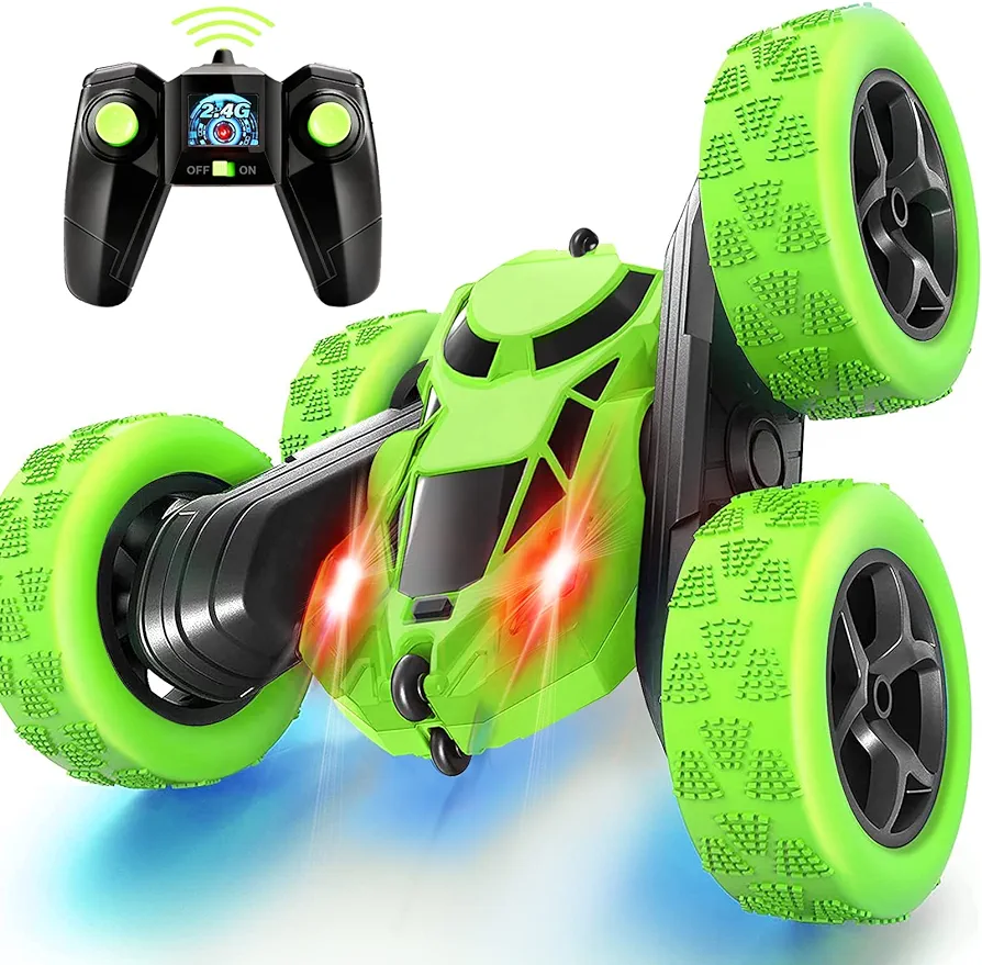 Remote Control Car Stunt RC Cars, 90 Min Playtime, 2.4Ghz Double Sided 360° Rotating RC Crawler with Headlights, 4WD Off Road Drift RC Race Car Toy for Boys and Girls Aged 6-12 Green