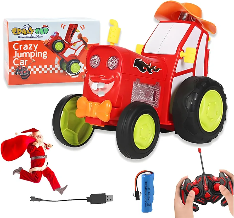 Crazy Jumping Car Toy, 2023 New Remote Control Car with Headlights and Music, Fast Stunt RC Car, Double Sided RC Trucks, RC Crawler Toy Cars for Kids Gift for Boys Girls (Red)