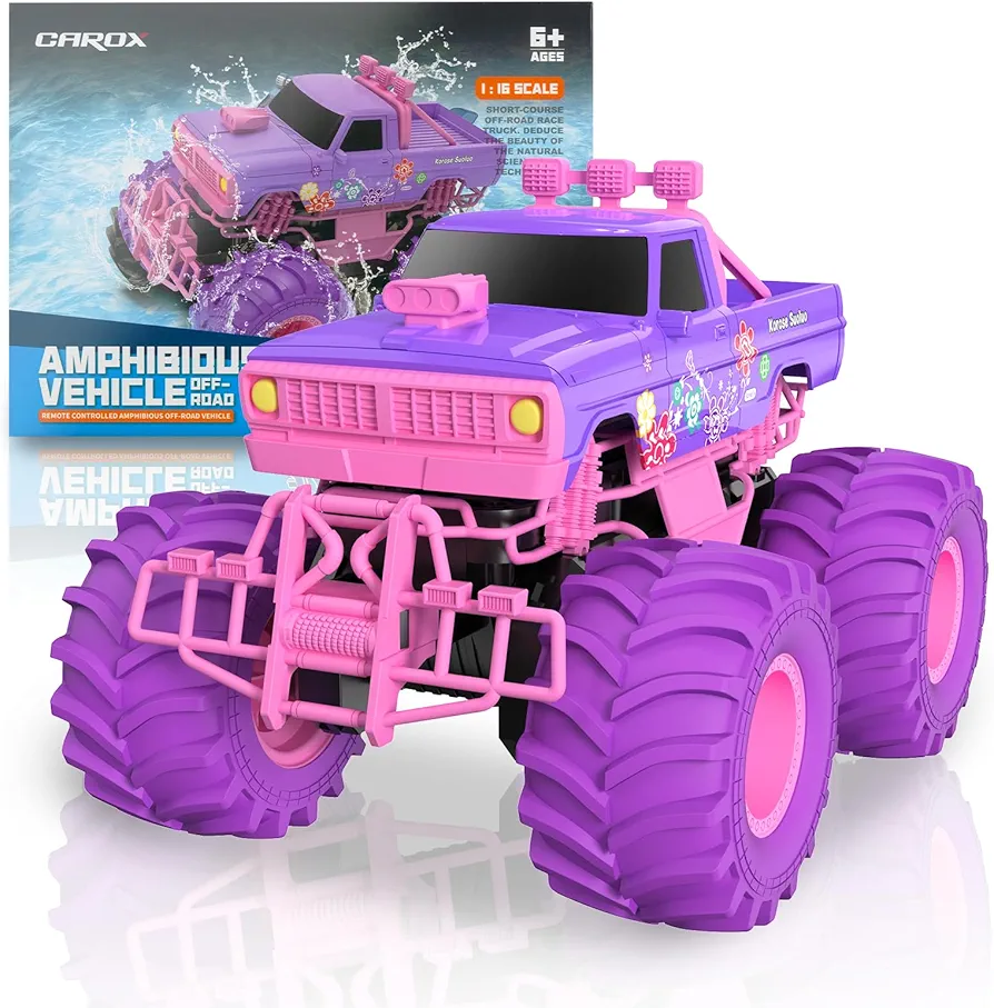 1:16 Scale Amphibious Remote Control Car Boat, 2.4GHz Waterproof RC Truck for Girls, 4WD All Terrain Off Road Car, Pool Toy with Rechargeable Battery, Water Toy for Kids Ages 6-7 8-9 10-12(Pink)