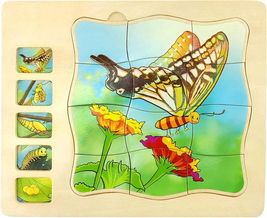 Wooden Puzzles for Kids Ages 4-8, 5 Layers Life Cycle of a Butterfly Montessori Jigsaw Puzzle for Kids, Children Preschool Learning Educational Puzzles Toys for Boys and Girls