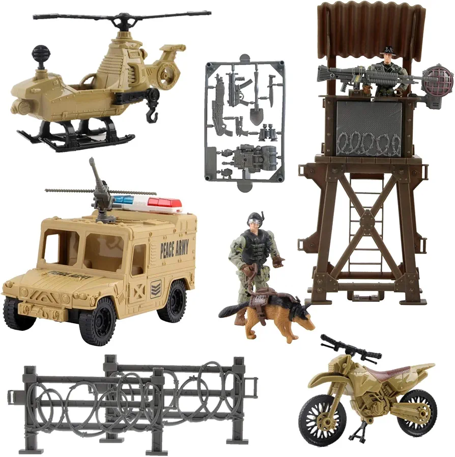 Deluxe Military Special Operations Combat Series Battle Play Set Includes Lookout Watch Tower Helicopter Motorcycle Armored Vehicle Army Dog Two Soldiers and Artillery Perfect Kids Action Toys