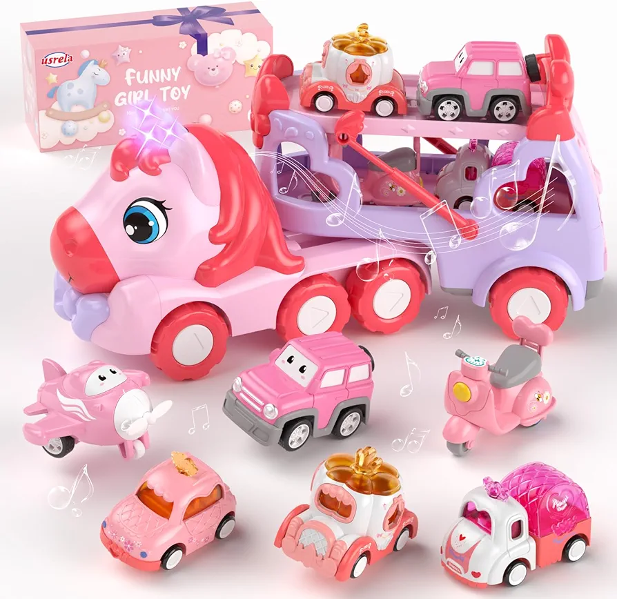 Toys for 1 2 3 Year Old Girl Truck, 7-in-1 Girl Carrier Truck Car with Light & Sound, Toddler Girl Car Toys Age 1-3 2-4, Unicorn Toy Cars for 1 2 3 Year Old Girl Birthday