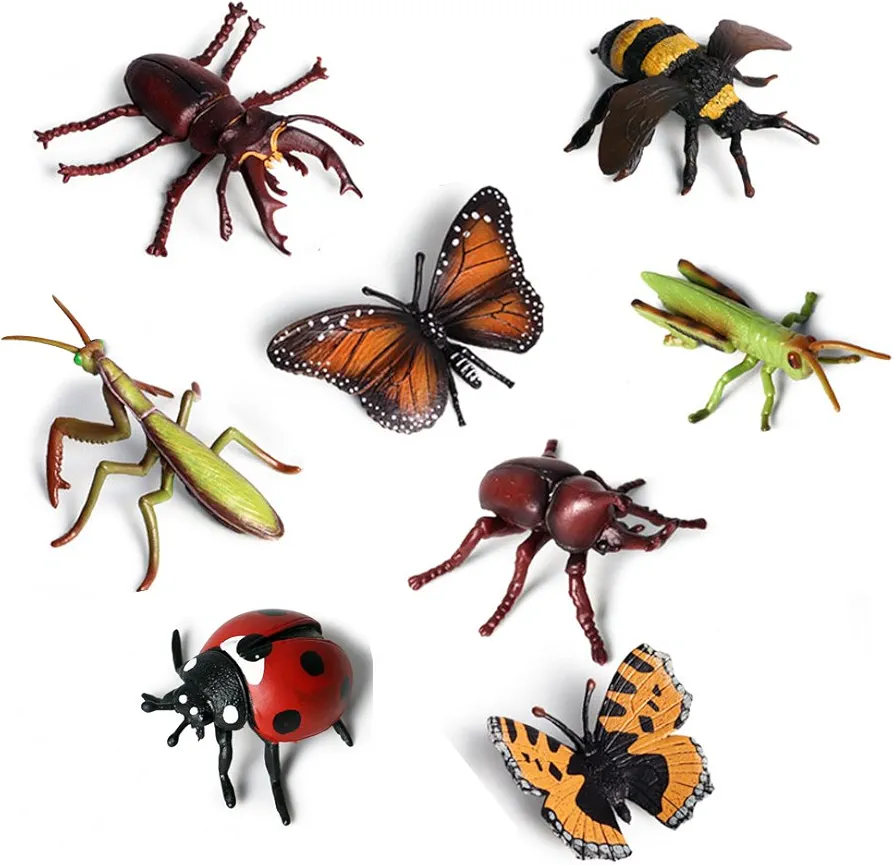 8 pcs Lifelike Assorted Plastic Insects Bugs Figures Realistic Sandbox Toy 4" Butterfly, Bee, Ladybug, Grasshopper, Mantis,Uang,Stag Beetle