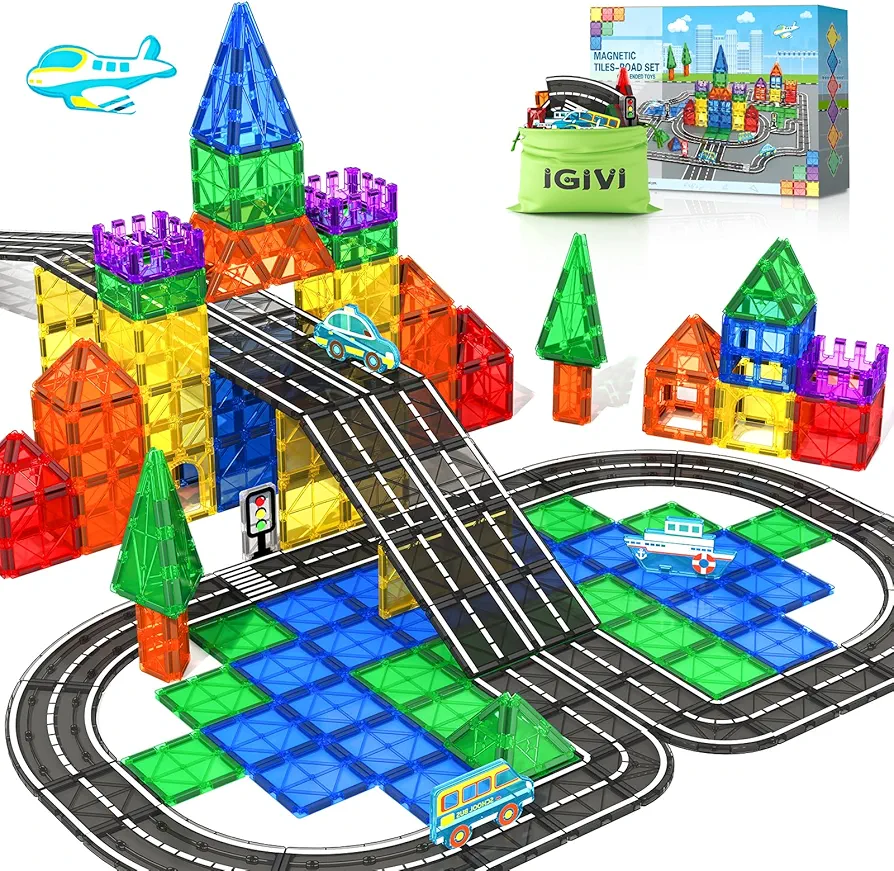 Magnetic Tiles Road Set with Cars Toys, Creative Magnet Building Blocks for Kids Toddler Toys, STEM Educational Toys for 3+ Year Old Boys & Girls, Classroom Must Haves Preschool Toys