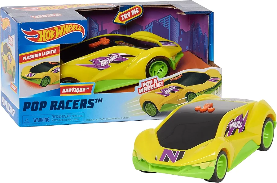 Hot Wheels Pop Racers Car Exotique Toy Vehicle, 7-Inch Yellow Motorized Toy Car, Lights, Sounds, Pops Wheelies, Kids Toys for Ages 3 Up by Just Play