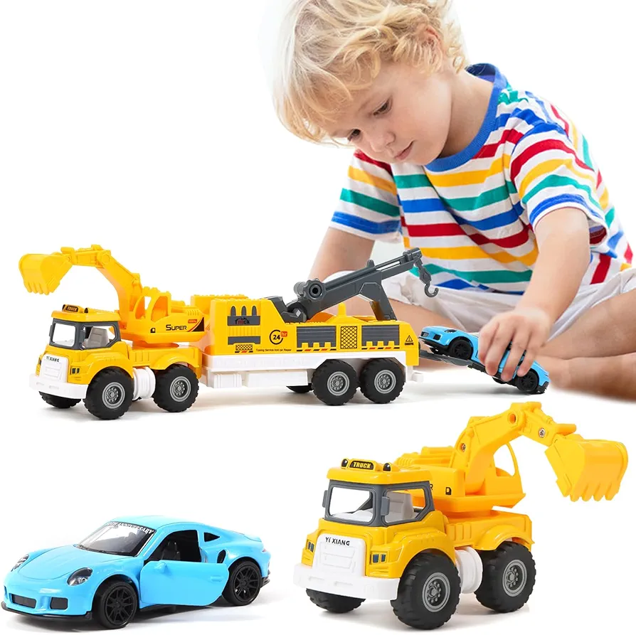 Tow Truck Toys Alloy Cab for 2 3 4 5 6 Year Old Boys Kids Toddlers Girls with Alloy Toy Car, Kids Boy Toys Construction Toys Excavator Toy Trucks for Toddlers 2-4 Years, Christmas Birthday Gifts