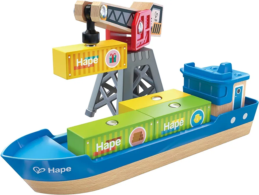 Hape Cargo Ship & Crane | Toy Boat and Crane Playset, for Children Ages 3Y+